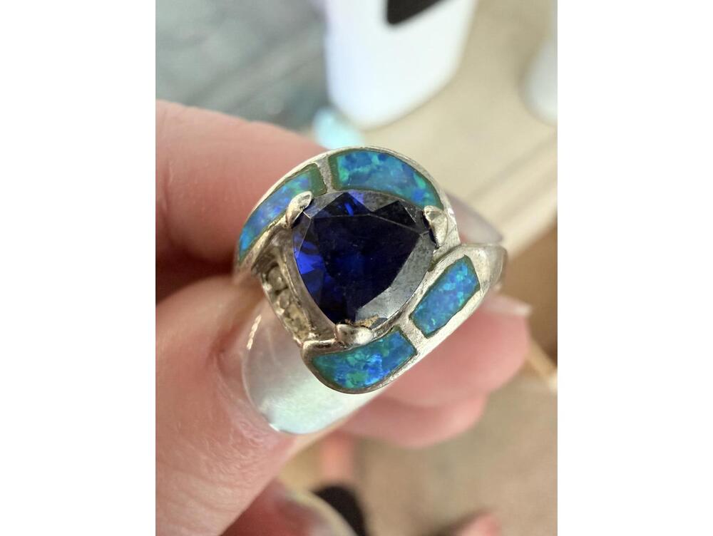 Sterling Silver Blue Opal and Real Sapphire and Three Diamond Ring Size 9